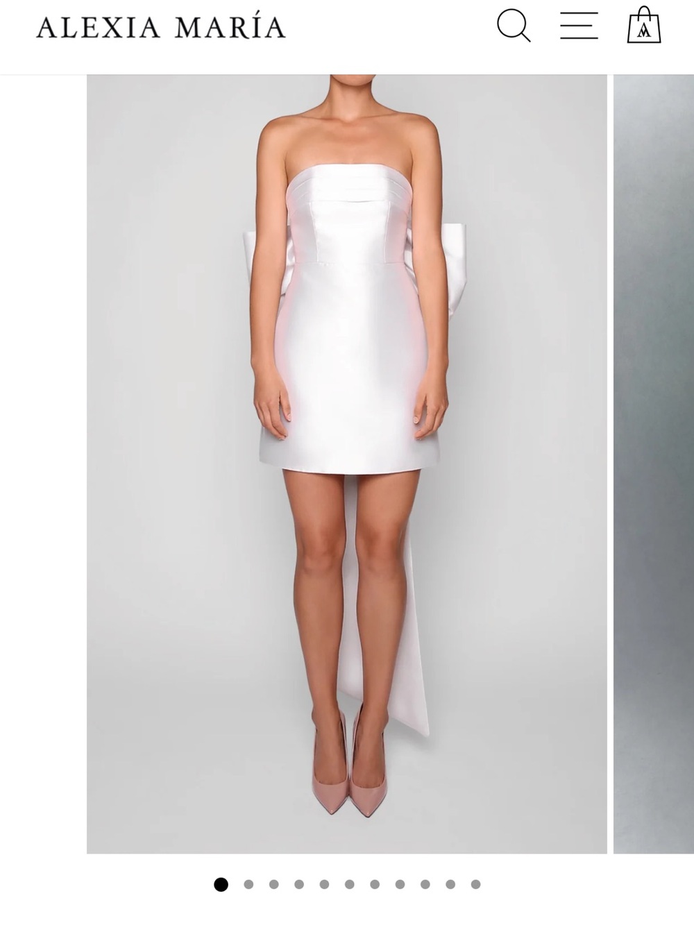 Alexia María Strapless White Satin Mini Dress with Back Drape